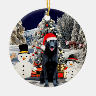 German Shepherd Dog  In Snow Santa Hat Lights Ceramic Ornament