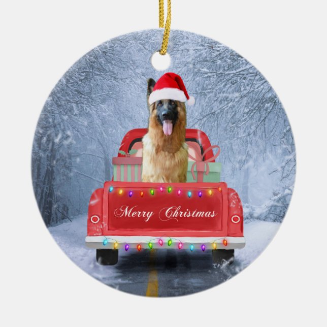 German Shepherd Dog in Snow sitting in Christmas Ceramic Ornament (Front)
