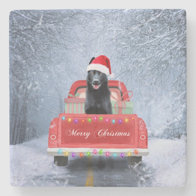 German Shepherd Dog in Snow sitting in Christmas Stone Coaster (Front)