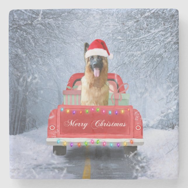 German Shepherd Dog in Snow sitting in Christmas Stone Coaster (Front)