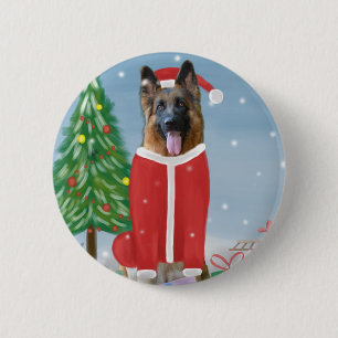 German Shepherd Dog in Snow with Christmas Gifts   6 Cm Round Badge