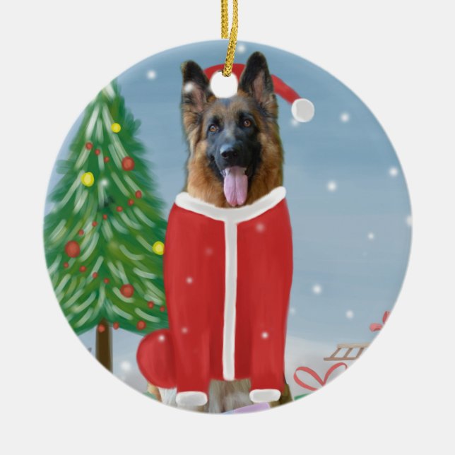 German Shepherd Dog in Snow with Christmas Gifts   Ceramic Ornament (Front)