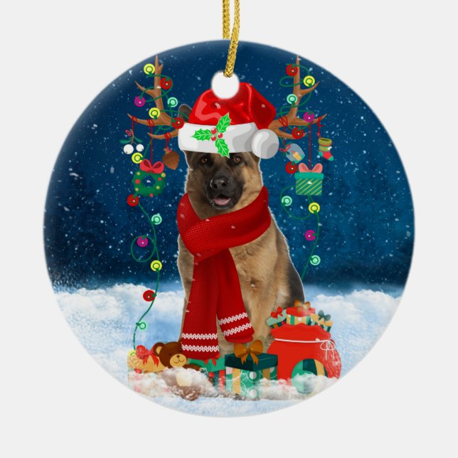 German Shepherd Dog in Snow with Christmas Gifts  Ceramic Ornament (Front)