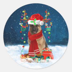 German Shepherd Dog in Snow with Christmas Gifts Classic Round Sticker
