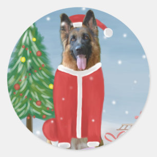 German Shepherd Dog in Snow with Christmas Gifts   Classic Round Sticker