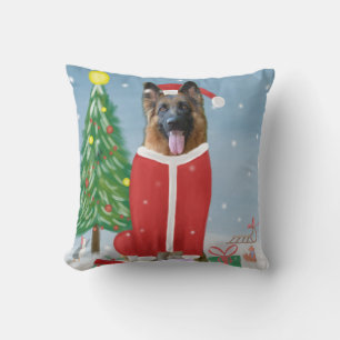 German Shepherd Dog in Snow with Christmas Gifts  Cushion