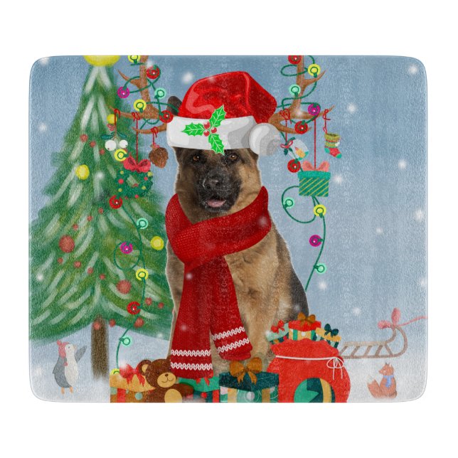German Shepherd Dog in Snow with Christmas Gifts   Cutting Board (Front)