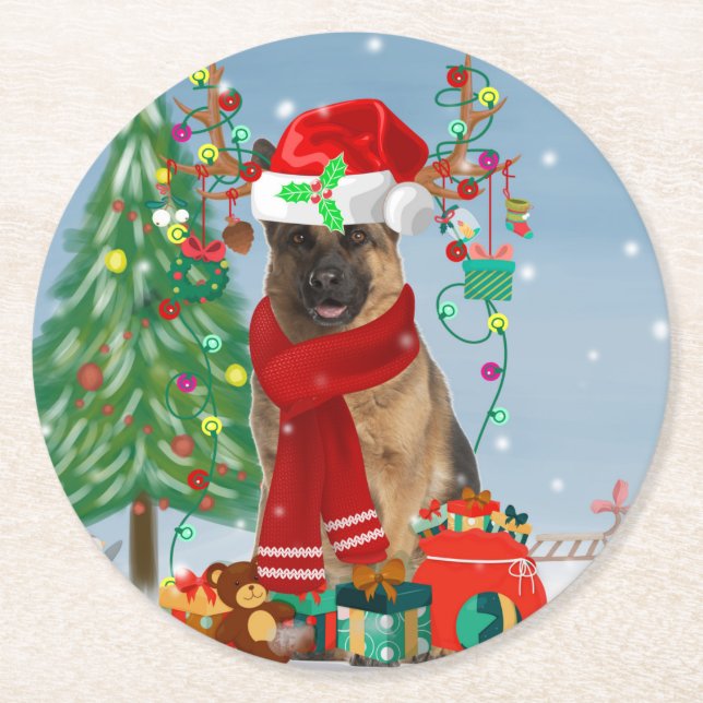German Shepherd Dog in Snow with Christmas Gifts   Round Paper Coaster (Front)