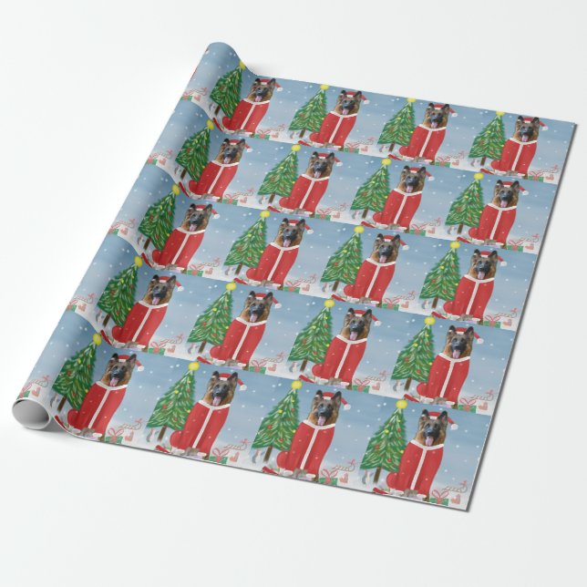 German Shepherd Dog in Snow with Christmas Gifts   Wrapping Paper (Unrolled)