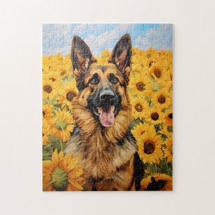 German Shepherd dog in sunflowers Jigsaw Puzzle