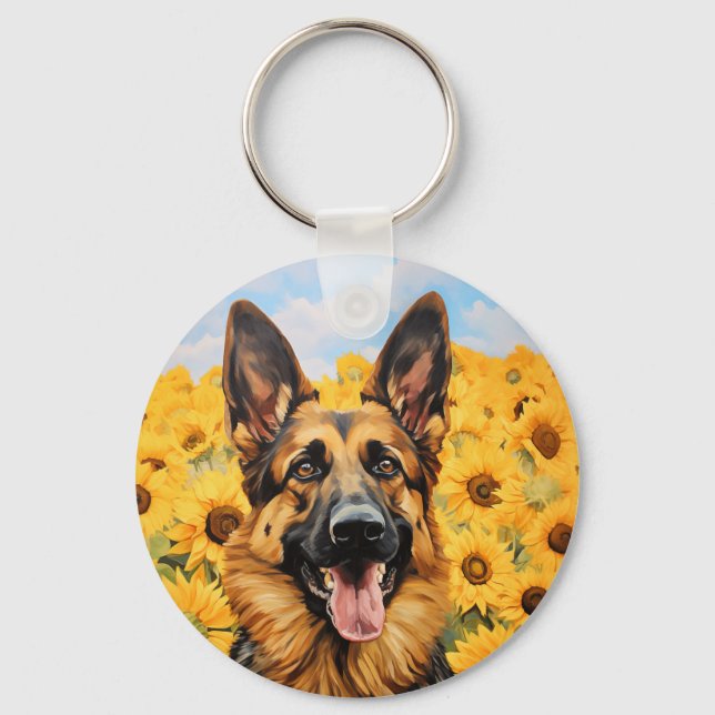 German Shepherd dog in sunflowers Key Ring (Front)