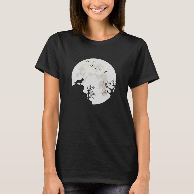 German Shepherd Dog In The Moon Men Women Hallowee T-Shirt (Front)