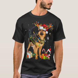 German Shepherd Dog Lights Santa Hat Xmas Tree Chr T-Shirt