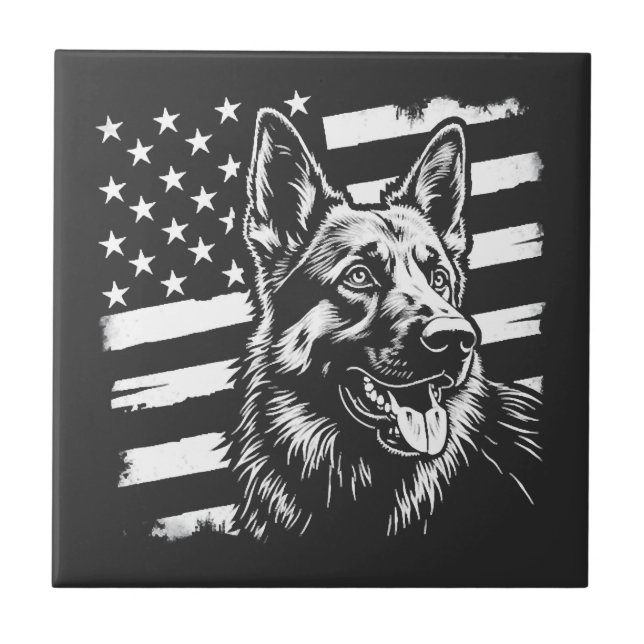 German Shepherd Dog Lover USA American Flag Ceramic Tile (Front)