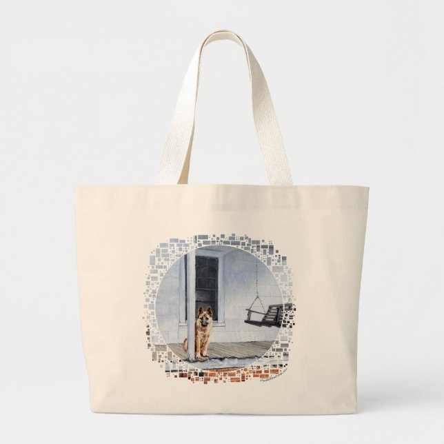 German Shepherd Dog on the Porch Large Tote Bag (Front)