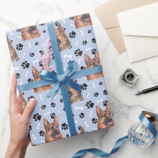 German Shepherd Dog Pattern on Silver Blue Wrapping Paper (Gifting)