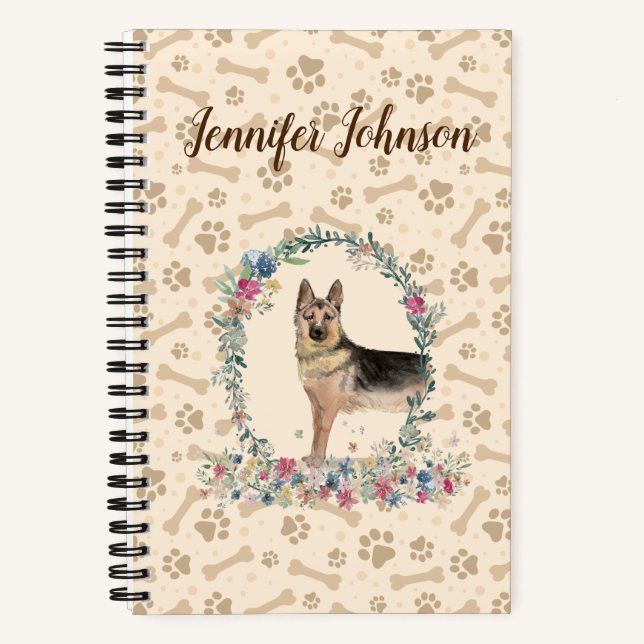 German Shepherd Dog Paw Print & Floral Cute Notebook (Front)