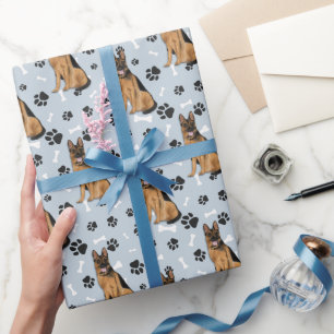 German Shepherd Dog Paw Print Pattern on Silver Wrapping Paper