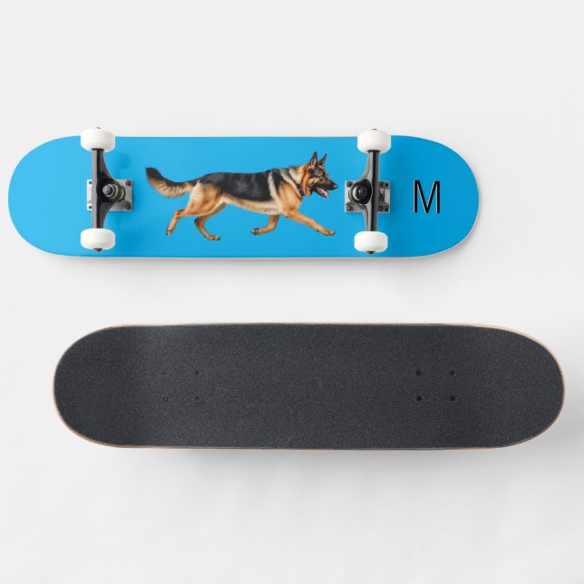 German Shepherd Dog Picture Monogrammed Blue Skateboard (Horz)