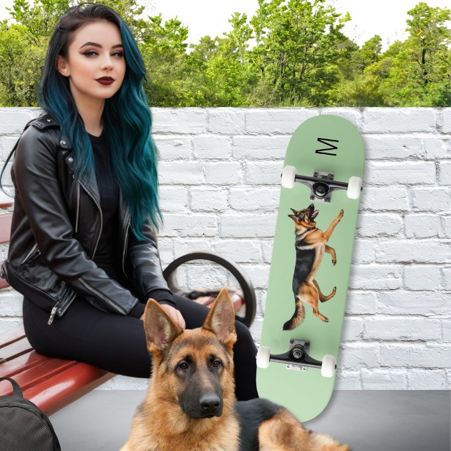 German Shepherd Dog Picture Monogrammed Green Skateboard (A monogrammed skateboard in light sage green with a picture of a German Shepherd dog)