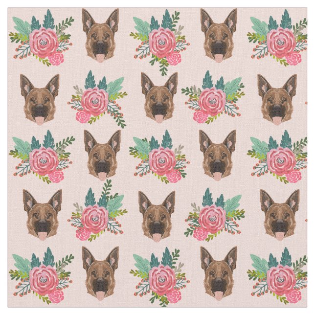 German Shepherd dog pink florals Fabric (Close Up)