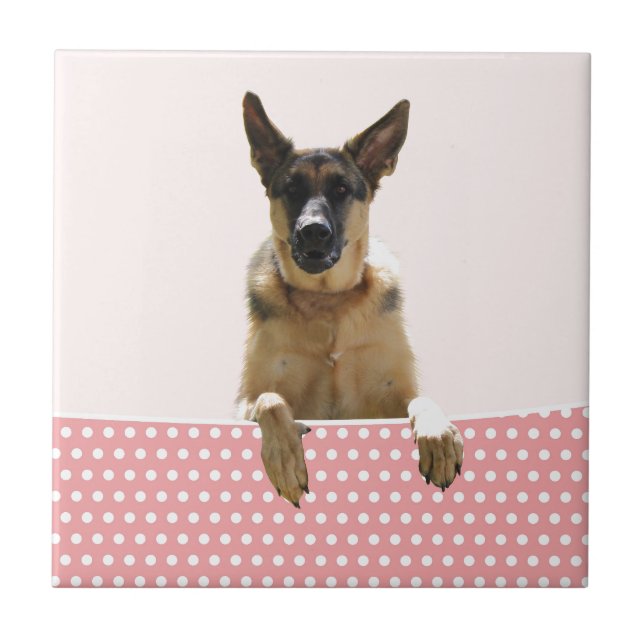 German Shepherd Dog Pink Polka Dots Tile (Front)