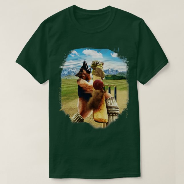 German Shepherd Dog Playing Cricket T-Shirt (Design Front)