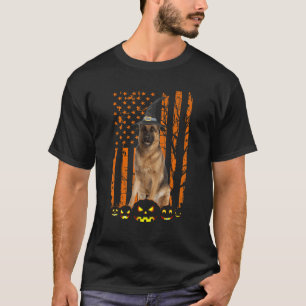 German Shepherd Dog Pumpkin American Flag Witch Ha T-Shirt