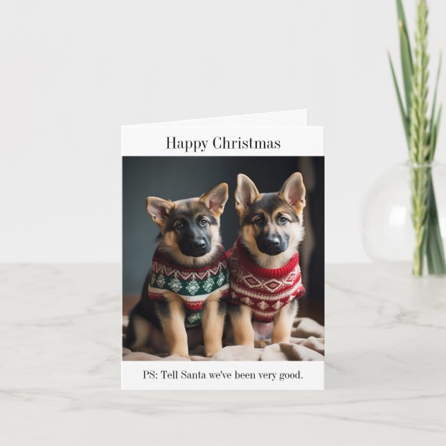 German Shepherd Dog Puppies in Christmas Sweaters Card (Front)