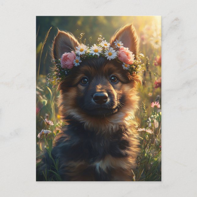 German Shepherd Dog Puppy in a Flower Crown Postcard (Front)