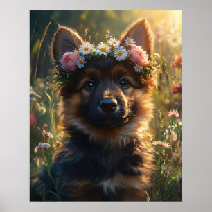 German Shepherd Dog Puppy in a Flower Crown Poster