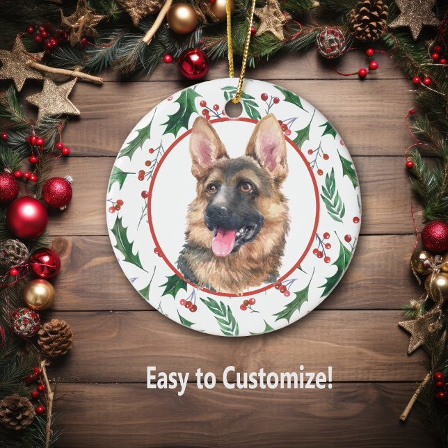 German Shepherd Dog Red Berry Holly Border Ceramic Ceramic Ornament (Creator Uploaded)