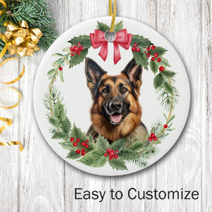 German Shepherd Dog Red Bow Holly Wreath Ceramic Ornament