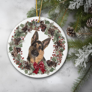 German Shepherd Dog Red Bow Pinecone Wreath Ceramic Ornament
