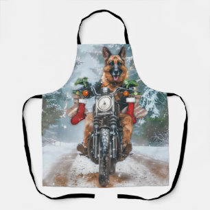 German Shepherd Dog Riding Motorcycle Christmas  Apron
