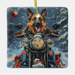 German Shepherd Dog Riding Motorcycle Christmas Ceramic Ornament
