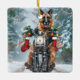 German Shepherd Dog Riding Motorcycle Christmas Ceramic Ornament