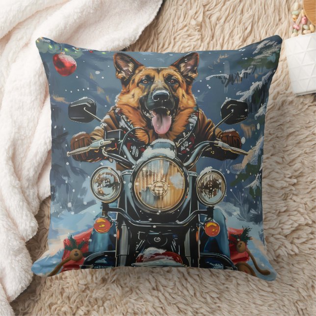 German Shepherd Dog Riding Motorcycle Christmas Cushion (Blanket)