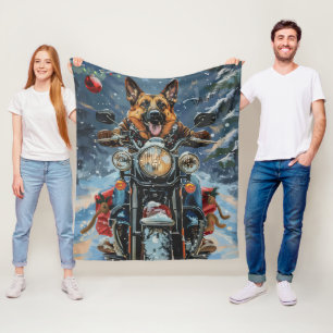 German Shepherd Dog Riding Motorcycle Christmas Fleece Blanket