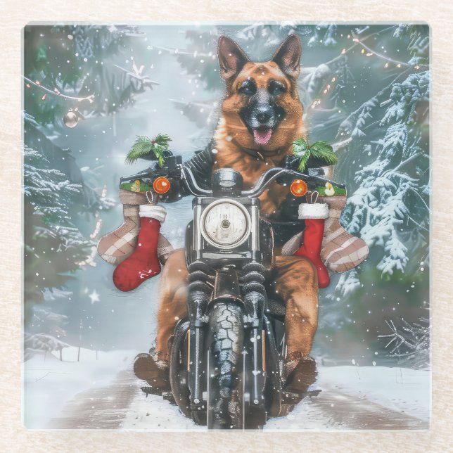 German Shepherd Dog Riding Motorcycle Christmas  Glass Coaster (Front)
