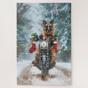 German Shepherd Dog Riding Motorcycle Christmas Jigsaw Puzzle