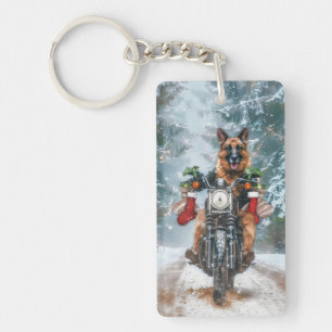 German Shepherd Dog Riding Motorcycle Christmas  Key Ring
