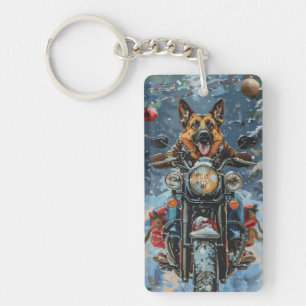 German Shepherd Dog Riding Motorcycle Christmas Key Ring
