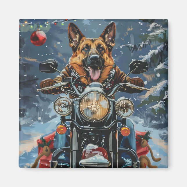 German Shepherd Dog Riding Motorcycle Christmas Magnet (Front)