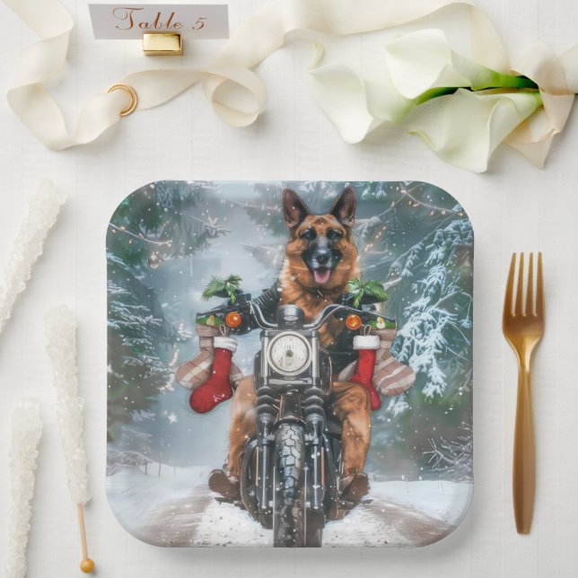 German Shepherd Dog Riding Motorcycle Christmas  Paper Plate (Wedding)