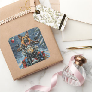 German Shepherd Dog Riding Motorcycle Christmas Square Sticker