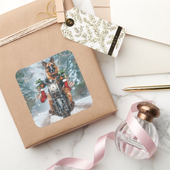 German Shepherd Dog Riding Motorcycle Christmas  Square Sticker (Gifting)