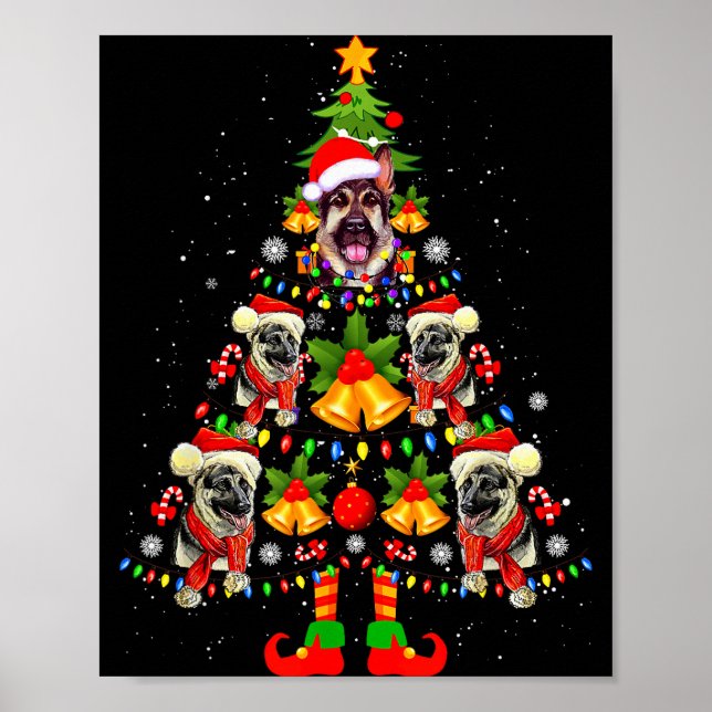 German Shepherd Dog Santa Hat Christmas Tree Xmas  Poster (Front)