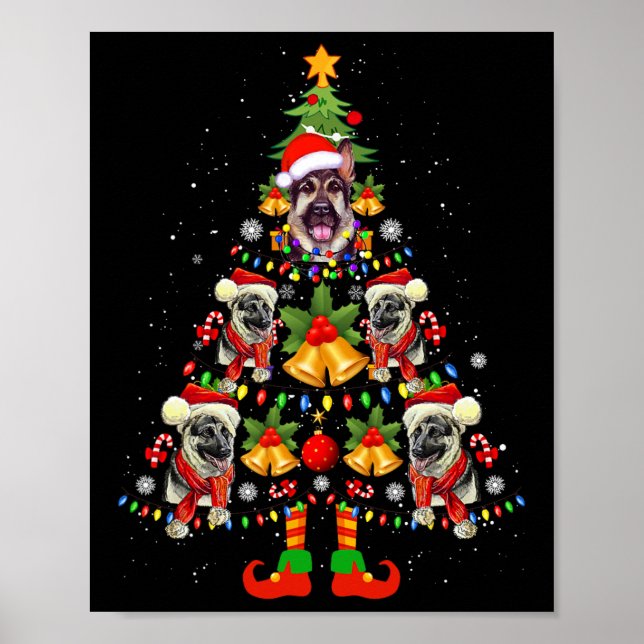 German Shepherd Dog Santa Hat Christmas Tree Xmas  Poster (Front)