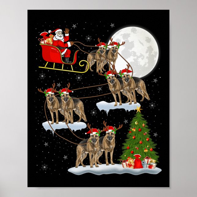 German Shepherd Dog Santa Sleigh Flying Funny Chri Poster (Front)